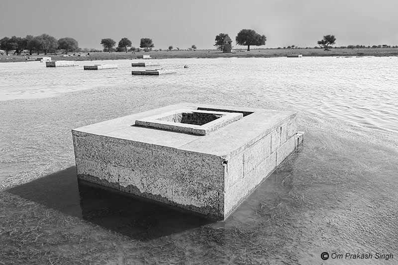Shallow wells (<em>beris</em>) visible in the receding waters of Viprasar during the spring season in Netsi village, Jaisalmer district, Rajasthan, India